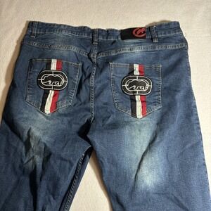 Ecko Unltd Jeans Mens 40 Blue Athletic Straight Leg Red Stripe Embroidered Rhino